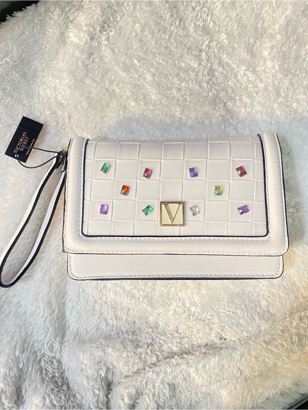VS White Embellished Wristlet Clutch with Multicolor Gems